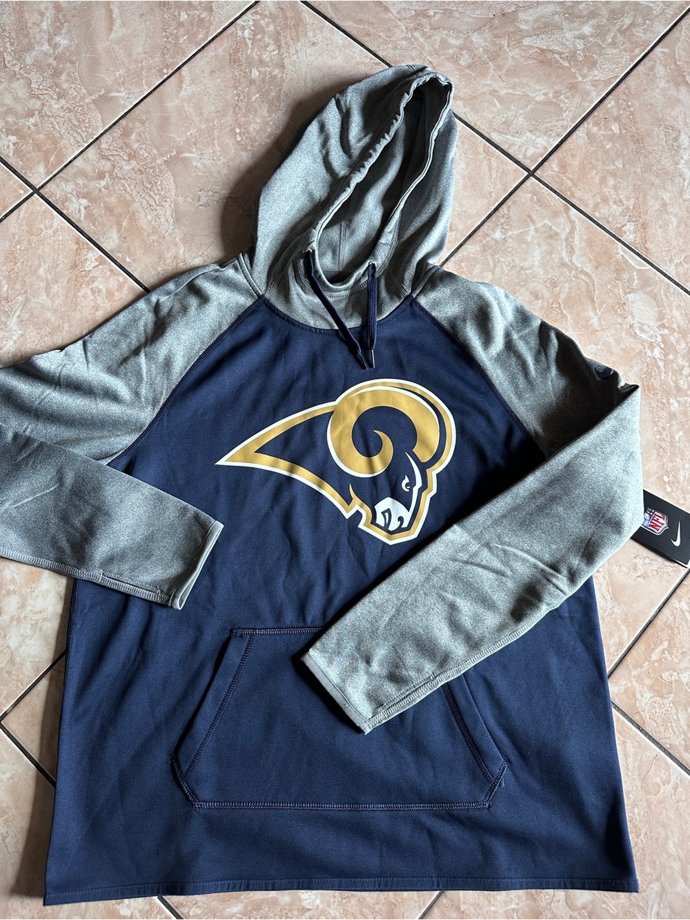 Nike NFL Los Angeles Rams Men's Navy and Gray Zip-Up Hoodie with Gold Rams Logo